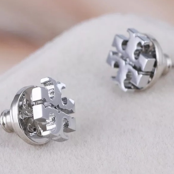 Tory Burch Silver Logo Classic Stud Earrings - Picture 2 of 4